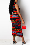 Red Fashion Sexy Off The Shoulder Sleeveless O Neck Printed Dress Mid Calf Print Dresses
