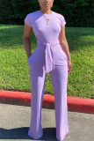 purple Fashion bandage Short Sleeve O Neck Jumpsuits