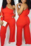 Red Fashion Sexy One Shoulder Long Sleeve Single Sleeve Regular Solid Jumpsuits