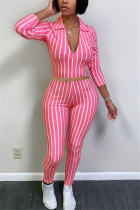 Pink Fashion Sexy Long Sleeve V Neck Regular Sleeve Short Striped Print Two Pieces