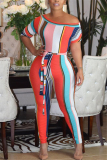 Red Fashion Striped Half Sleeve one shoulder collar Jumpsuits