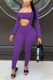 purple Sexy Hollow Long Sleeve Jumpsuits