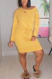 Yellow Fashion Casual adult Ma'am Cap Sleeve Long Sleeves O neck Straight Knee-Length Striped Dresses