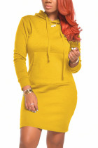 Yellow Fashion Casual Regular Sleeve Long Sleeve Hooded Collar Long Sleeve Dress Knee Length Solid Dresses
