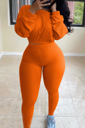 Orange Active Europe and America Street Solid Skinny Long Sleeve Two Pieces