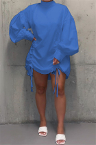 Blue Fashion Sleeve Long Sleeves O neck Straight skirt bandage Dresses