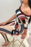 Red Fashion Striped Half Sleeve one shoulder collar Jumpsuits