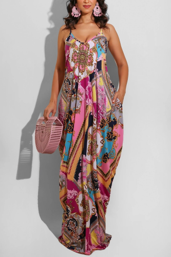 Pink Fashion Sexy Spaghetti Strap Sleeveless V Neck Sling Dress Floor Length Print Dresses