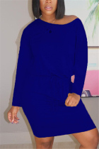 Blue Fashion Casual adult Ma'am Cap Sleeve Long Sleeves O neck Straight Knee-Length Striped Dresses