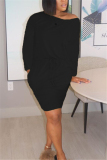 Black Fashion Casual adult Ma'am Cap Sleeve Long Sleeves O neck Straight Knee-Length Striped Dresses