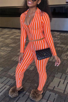 Orange Fashion Sexy Long Sleeve V Neck Regular Sleeve Short Striped Print Two Pieces