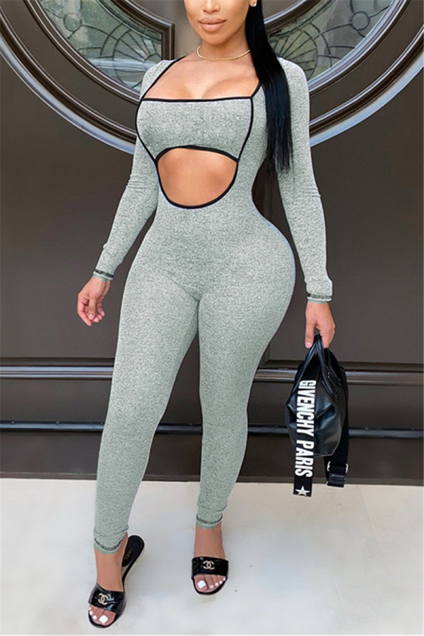 Grey Sexy Hollow Long Sleeve Jumpsuits