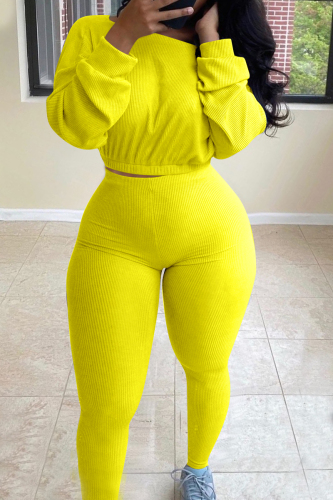 Yellow Active Europe and America Street Solid Skinny Long Sleeve Two Pieces