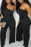 Black Fashion Sexy One Shoulder Long Sleeve Single Sleeve Regular Solid Jumpsuits