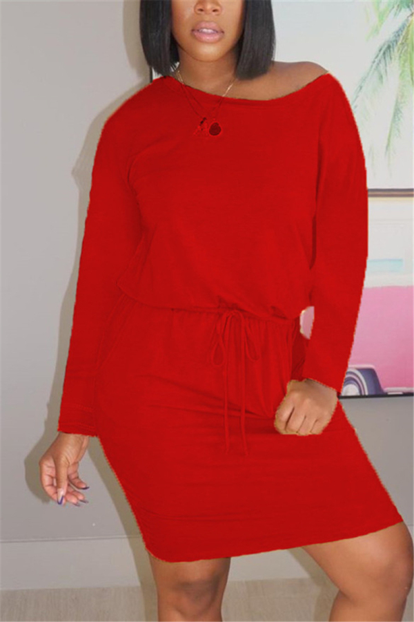 Red Fashion Casual adult Ma'am Cap Sleeve Long Sleeves O neck Straight Knee-Length Striped Dresses