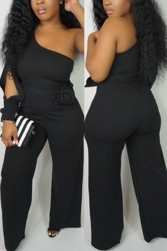 Black Fashion Sexy One Shoulder Long Sleeve Single Sleeve Regular Solid Jumpsuits