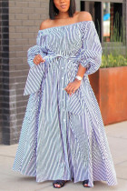 Blue Fashion Casual Off The Shoulder Three Quarter Bateau Neck Printed Dress Floor Length Striped Dresses