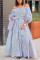 Blue Fashion Casual Off The Shoulder Three Quarter Bateau Neck Printed Dress Floor Length Striped Dresses