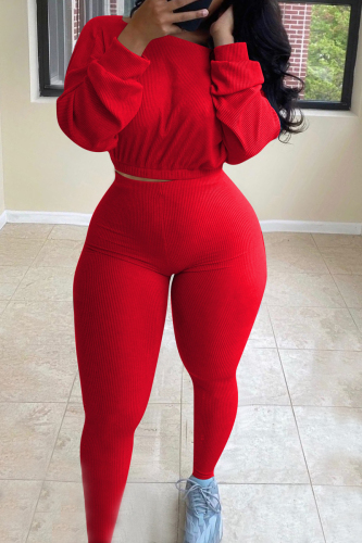 Red Active Europe and America Street Solid Skinny Long Sleeve Two Pieces
