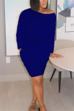 Blue Fashion Casual adult Ma'am Cap Sleeve Long Sleeves O neck Straight Knee-Length Striped Dresses