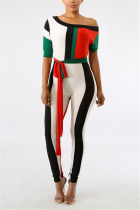 Green Fashion Striped Half Sleeve one shoulder collar Jumpsuits