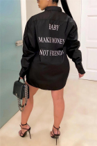 Black Fashion adult England Ma'am Shirt sleeves Long Sleeves Turndown Collar Step Skirt Knee-Length Print Solid Dresses