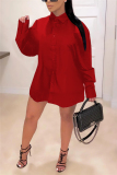 Red Fashion adult England Ma'am Shirt sleeves Long Sleeves Turndown Collar Step Skirt Knee-Length Print Solid Dresses