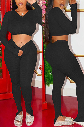 Black Casual Europe and America Solid pencil Long Sleeve Two Pieces