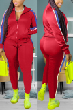 Red Fashion Casual Zipper Collar Long Sleeve Regular Sleeve Patchwork Plus Size Set
