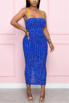 Blue Fashion Sexy adult Ma'am Spaghetti Strap Sleeveless Slip Step Skirt Mid-Calf diamonds Dresses