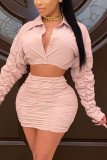 Pink Fashion Sexy adult Ma'am Solid Draped Two Piece Suits A-line skirt Long Sleeve Two Pieces