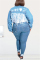 Dark Blue Denim Sexy Turndown Collar Solid Hole tassel Old washing backless Tassel Plus Size