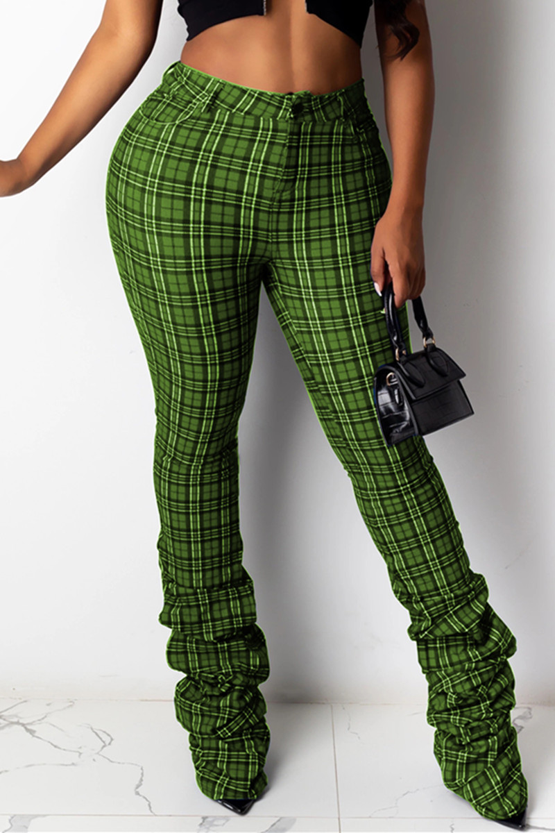 

Green Fashion Casual Straight Plaid Print Trousers