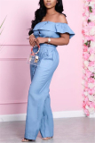 Light Blue Fashion Sexy Short Sleeve Bateau Neck Off The Shoulder Short Solid Two Pieces
