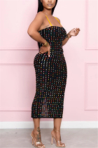 Black Fashion Sexy adult Ma'am Spaghetti Strap Sleeveless Slip Step Skirt Mid-Calf diamonds Dresses
