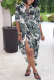 Camouflage Fashion Casual adult Ma'am Cap Sleeve Long Sleeves Turndown Collar Asymmetrical Ankle-Length Print camouflage Dresses