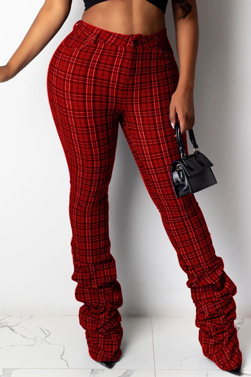 

Red Fashion Casual Straight Plaid Print Trousers