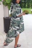 Camouflage Fashion Casual adult Ma'am Cap Sleeve Long Sleeves Turndown Collar Asymmetrical Ankle-Length Print camouflage Dresses