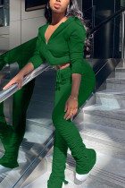 Green Fashion Casual Sportswear Long Sleeve Zipper Collar Regular Sleeve Regular Solid Two Pieces