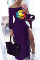 Purple Fashion Casual Regular Sleeve Long Sleeve Oblique Collar Printed Dress Floor Length Lips Printed Dresses