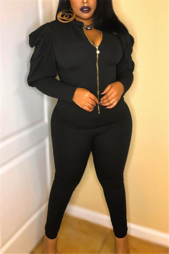 Black Active Casual Patchwork Solid pencil Puff sleeve Two Pieces