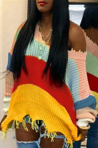 Colorful Fashion Casual V Neck Long Sleeve Regular Sleeve Regular Patchwork Tops