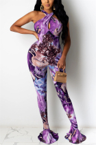Purple Sexy Sleeveless Off The Shoulder Skinny Print Jumpsuits