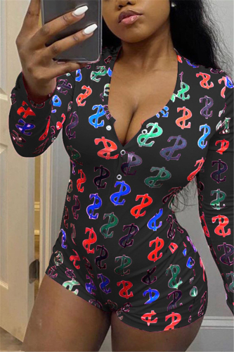 Black Sexy Print Chemical fiber blend Long Sleeve V Neck Rompers