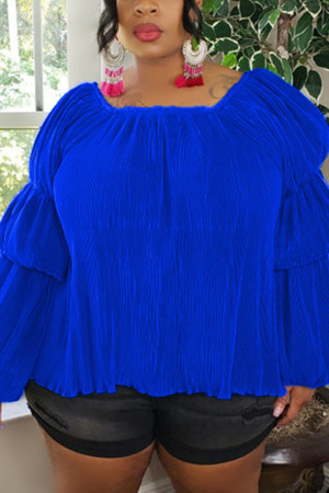 Blue Casual O Neck Solid Draped Plus Size