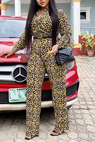 Leopard Fashion Sexy Turndown Collar Long Sleeve Regular Sleeve Print Leopard Plus Size Jumpsuits