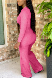 rose red Casual Solid Draped Blend Long Sleeve O Neck Jumpsuits