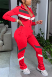Red Fashion Casual Striped zipper Long Sleeve O Neck Jumpsuits
