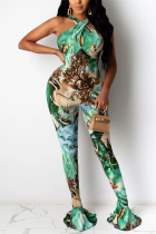 Green Sexy Sleeveless Off The Shoulder Skinny Print Jumpsuits
