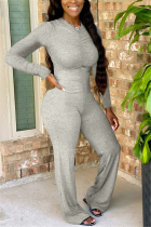 Light Gray Casual Solid Draped Blend Long Sleeve O Neck Jumpsuits